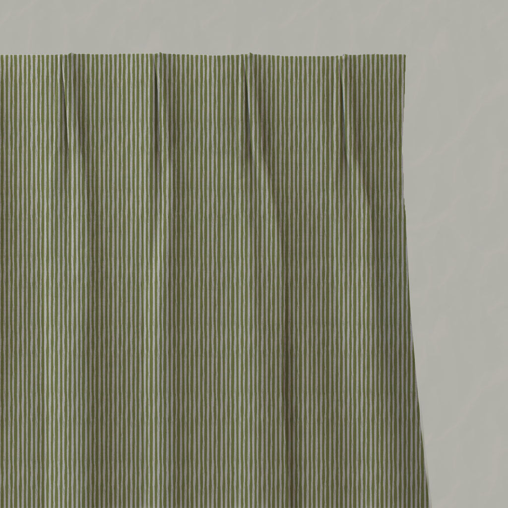 Green Striped Linen Pleated Curtains - Laila Leaf - Natural base fabric.