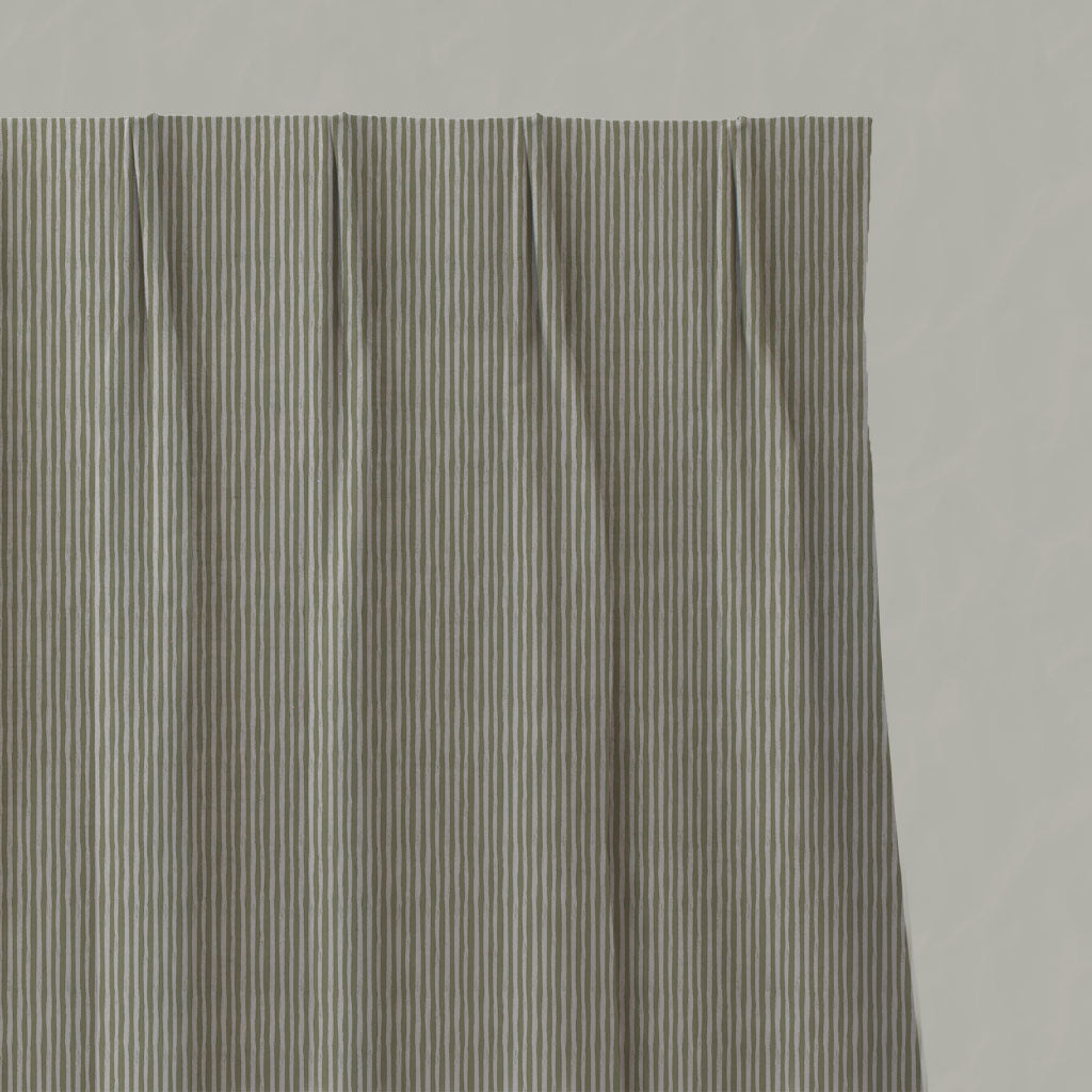 Green Striped Linen Pleated Curtains - Laila Olive - Natural base fabric.