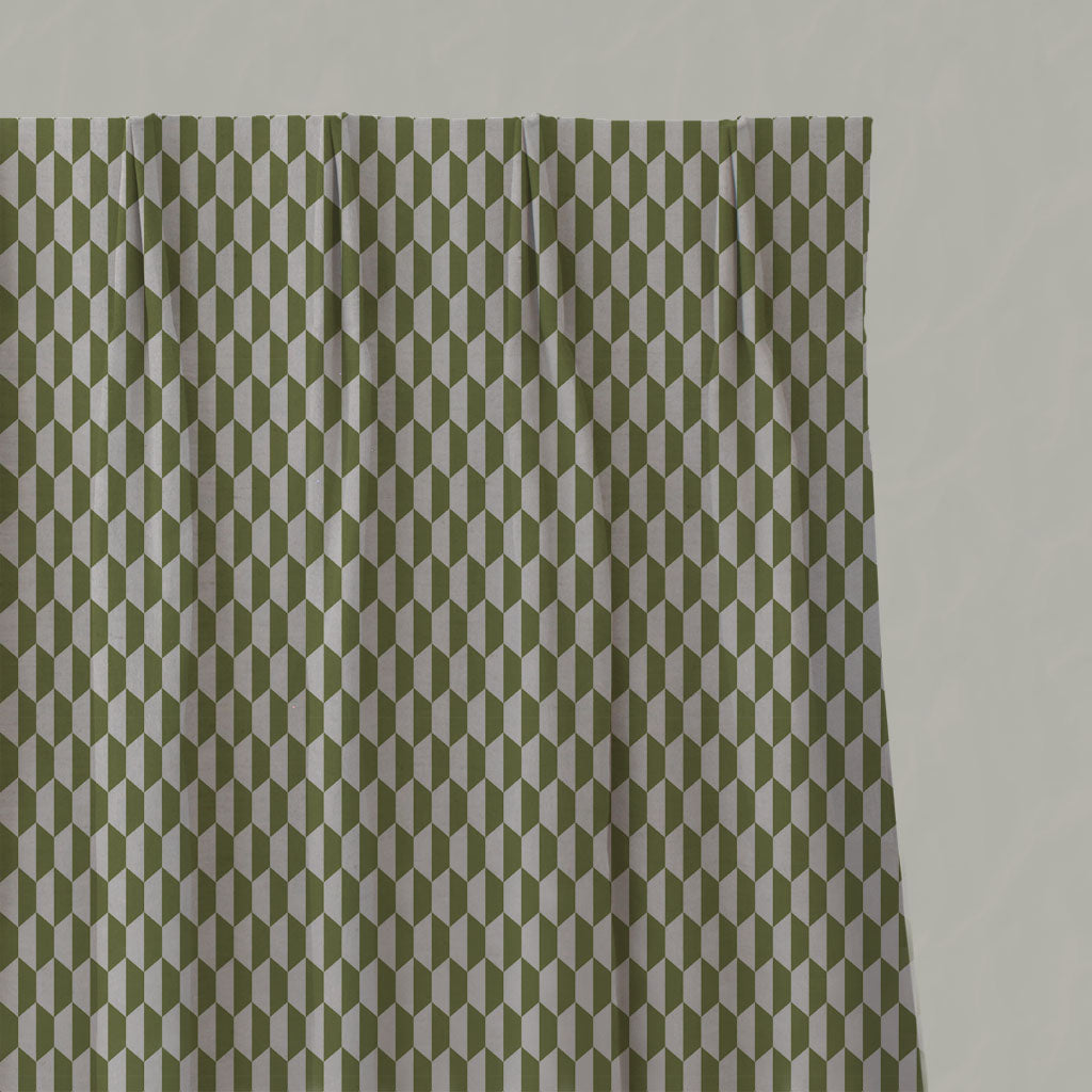 Green Patterned Linen Pleated Curtains - Lana Leaf - Natural base fabric.