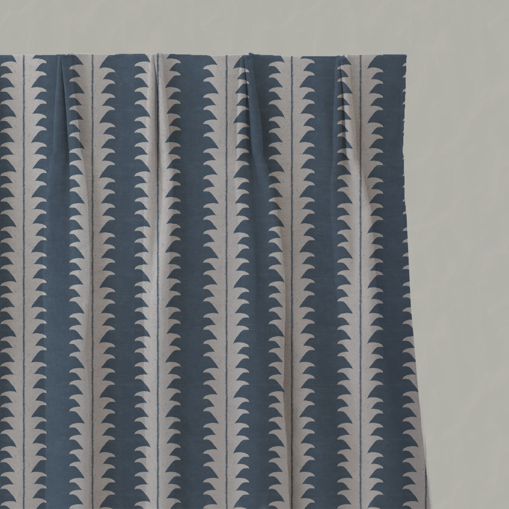 Blue Patterned Linen Pleated Curtains - Leona Denim - Natural base fabric.