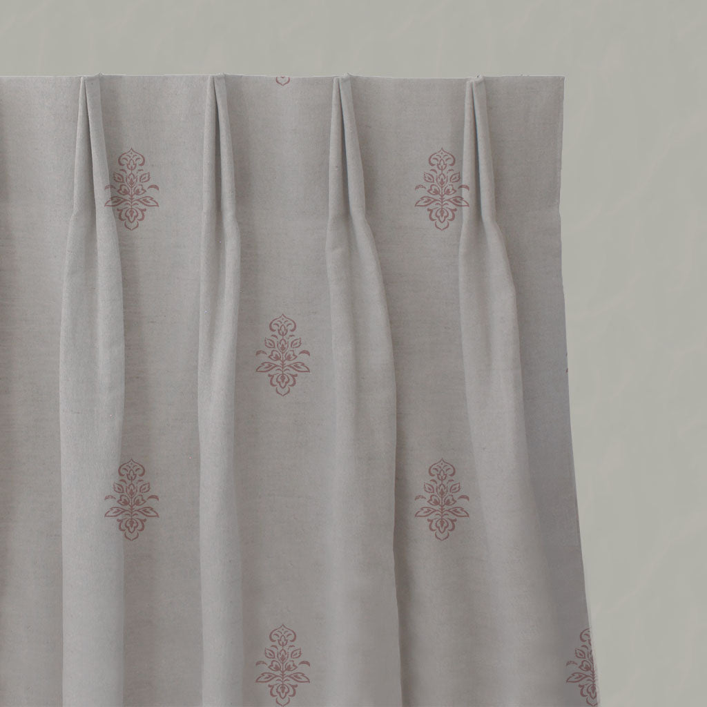 Pink Floral Linen Pleated Curtains - Lisana-NAT Dusty Pink - Natural base fabric.