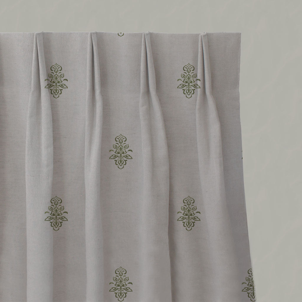 Green Floral Linen Pleated Curtains - Lisana-NAT Khaki - Natural base fabric.