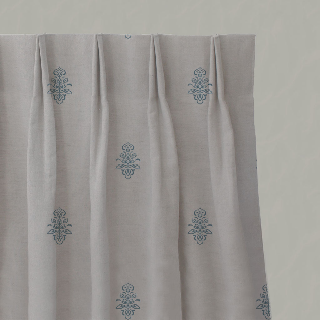 Blue Floral Linen Pleated Curtains - Lisana-NAT True Blue - Natural base fabric.