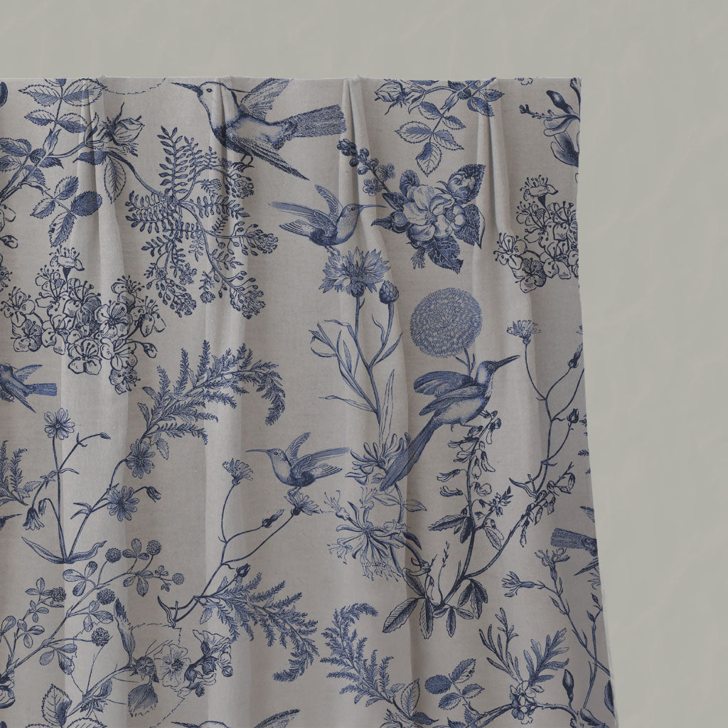 Blue Floral Linen Pleated Curtains - Marianne-INV Deep Blue - Natural base fabric.