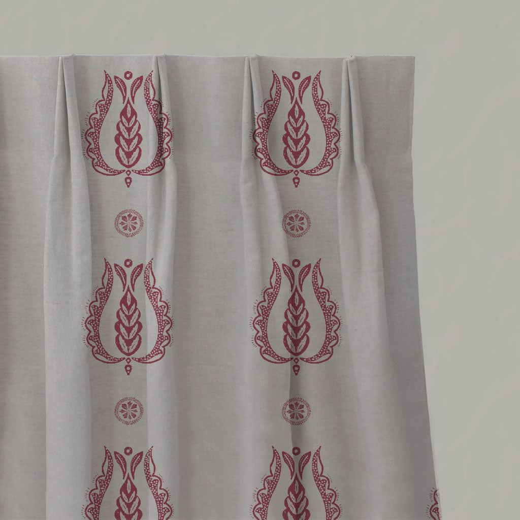 Red Patterned Linen Pleated Curtains - Maya Cherry - Natural base fabric.