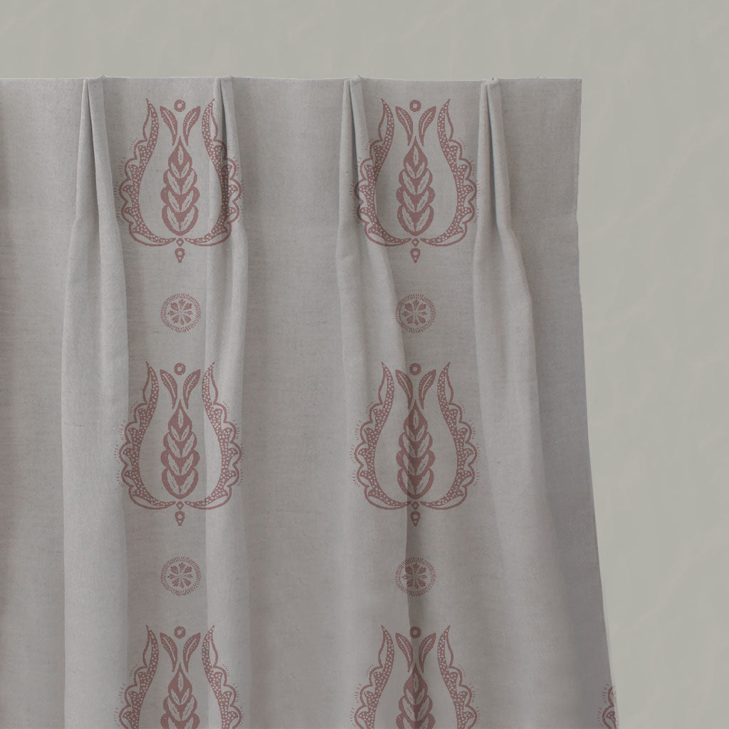 Pink Patterned Linen Pleated Curtains - Maya Dusty Pink - Natural base fabric.