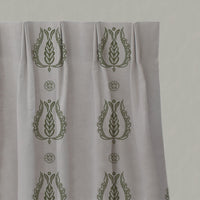 Green Patterned Linen Pleated Curtains - Maya Khaki - Natural base fabric.