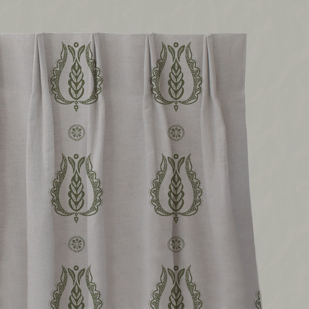 Green Patterned Linen Pleated Curtains - Maya Khaki - Natural base fabric.