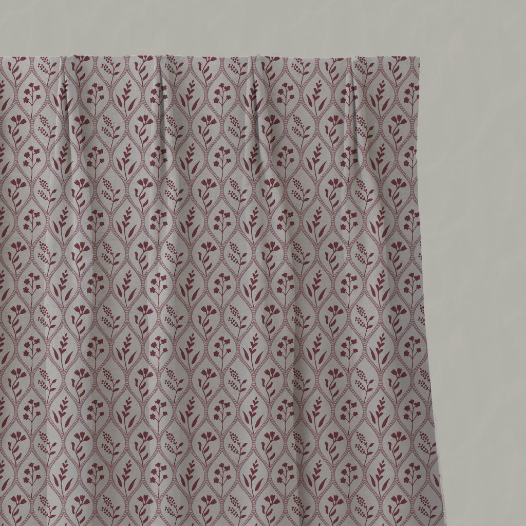 Red / Pink Floral Linen Pleated Curtains - Miny Pink Wine-INV - Natural base fabric.