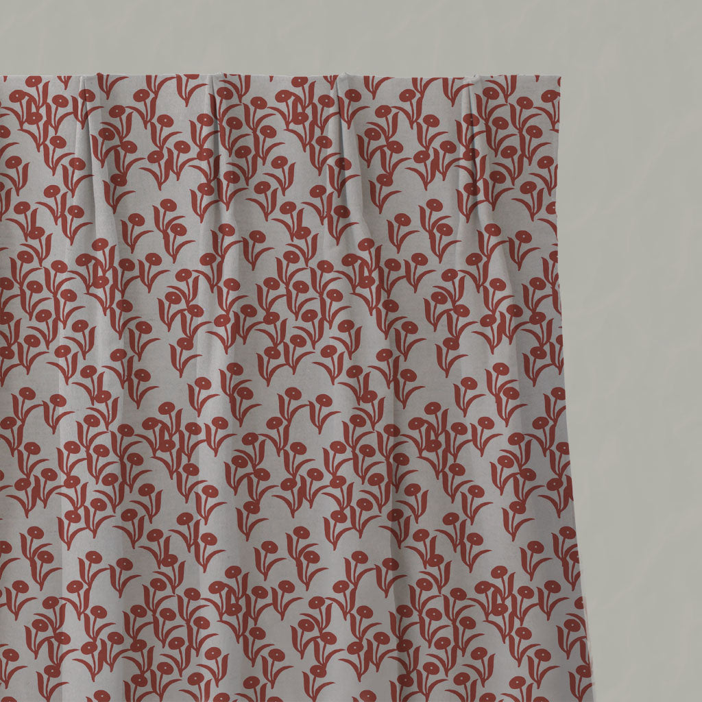 Red Botanical Linen Pleated Curtains - Nalini Crimson Red - Natural base fabric.