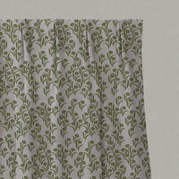 Green Botanical Linen Pleated Curtains - Nalini Khaki - Natural base fabric.