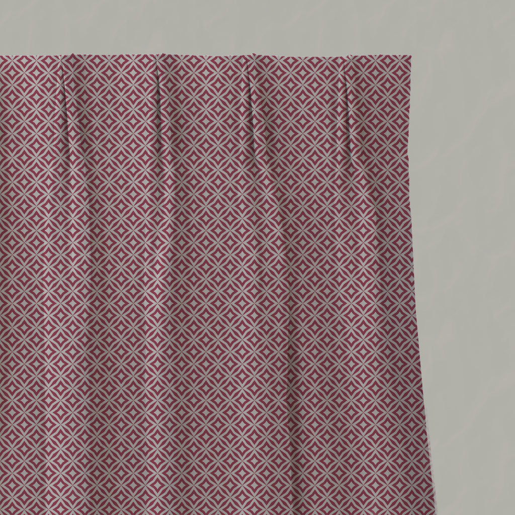 Red Patterned Linen Pleated Curtains - Nella Cherry - Natural base fabric.