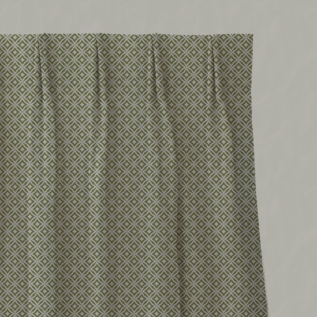 Green Patterned Linen Pleated Curtains - Nella Leaf - Natural base fabric.