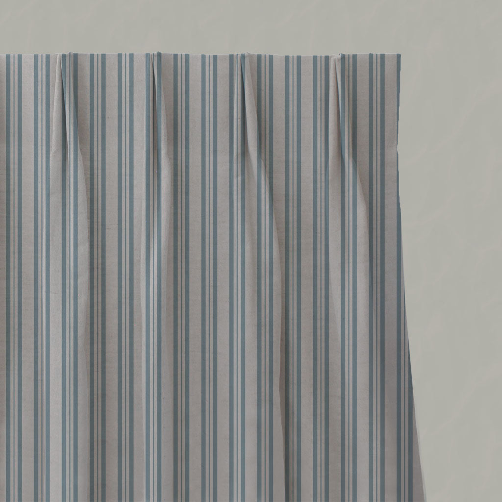Blue Striped Linen Pleated Curtains - Olga Sky - Natural base fabric.