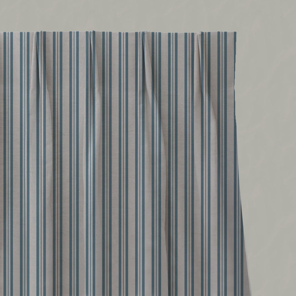 Blue Striped Linen Pleated Curtains - Olga True Blue - Natural base fabric.