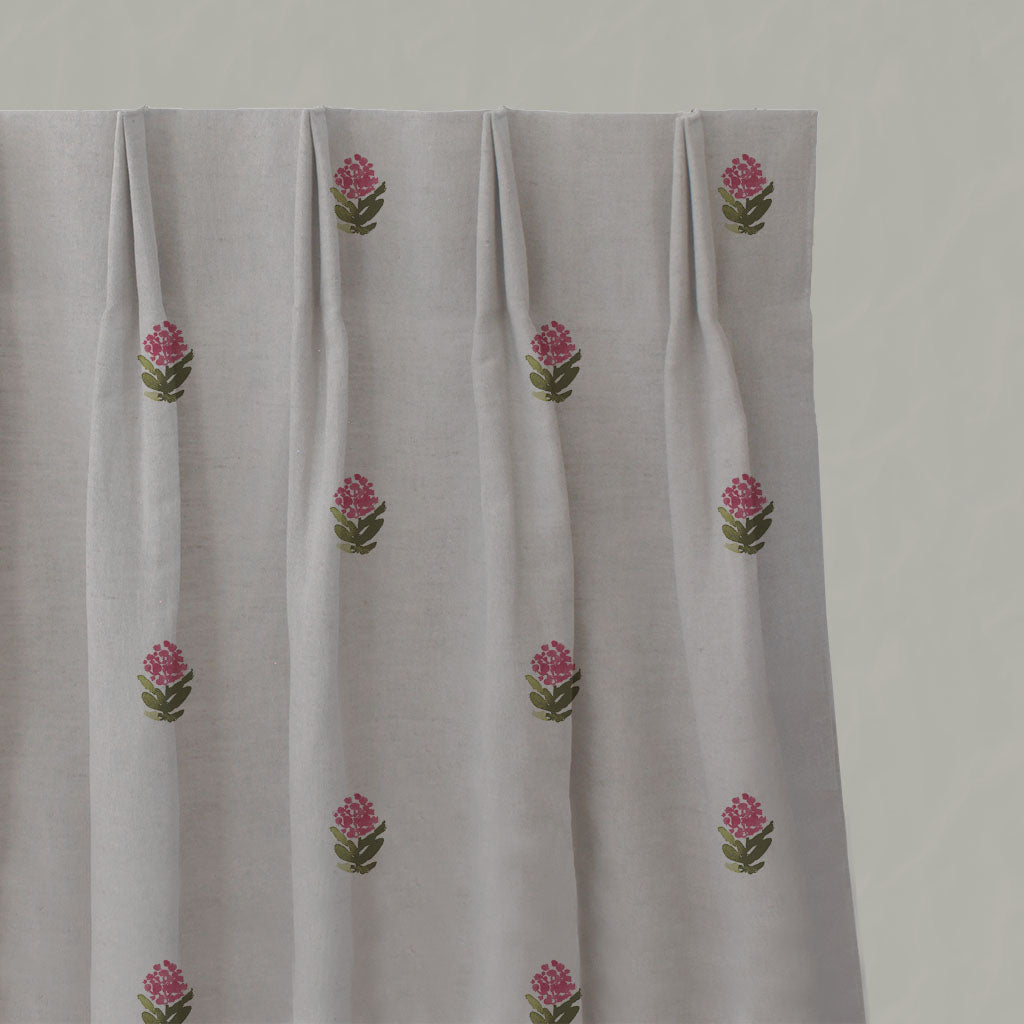 Red Floral Linen Pleated Curtains - Paulina Cherry - Natural base fabric.