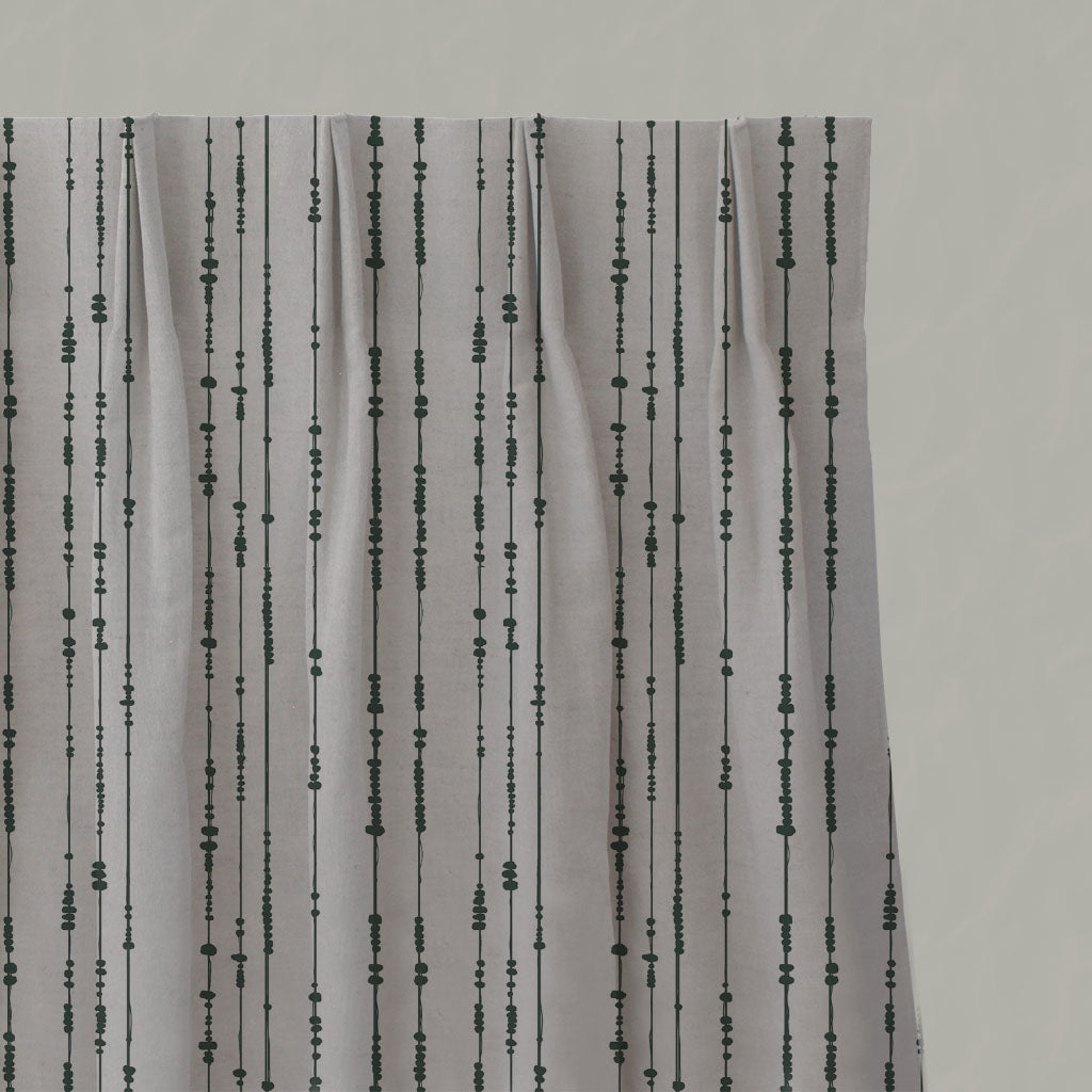 Green Patterned Linen Pleated Curtains - Pearls Dark Pine - Natural base fabric.