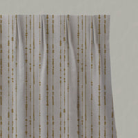 Yellow Patterned Linen Pleated Curtains - Pearls Gold Rod - Natural base fabric.