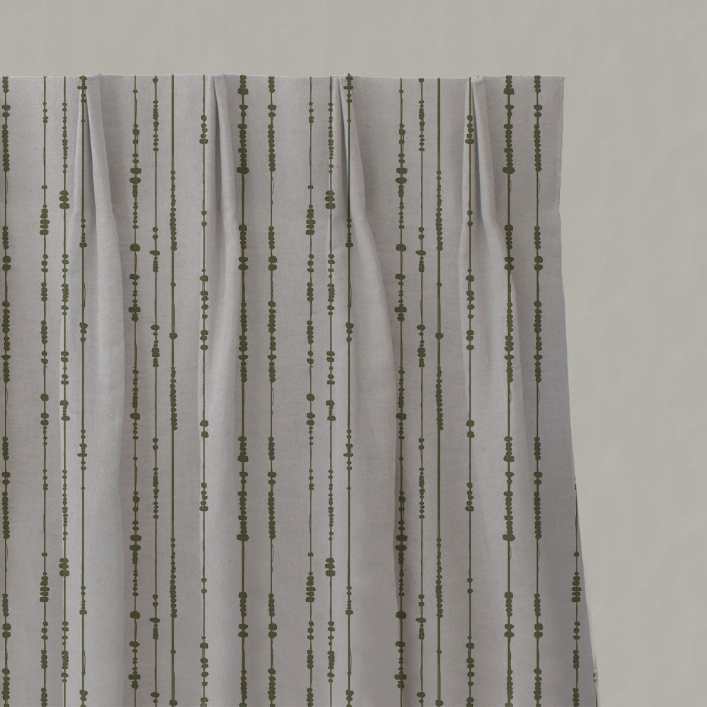 Green Patterned Linen Pleated Curtains - Pearls Khaki - Natural base fabric.