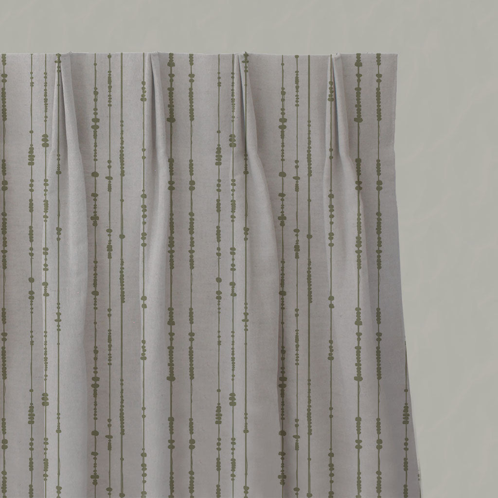 Green Patterned Linen Pleated Curtains - Pearls Olive - Natural base fabric.
