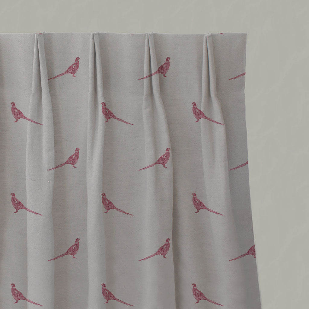 Red Kids Linen Pleated Curtains - Pheasant Cherry - Natural base fabric.