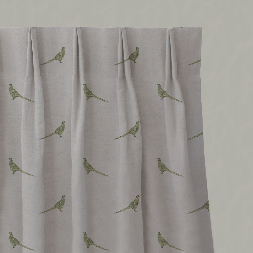 Green Kids Linen Pleated Curtains - Pheasant Khaki - Natural base fabric.