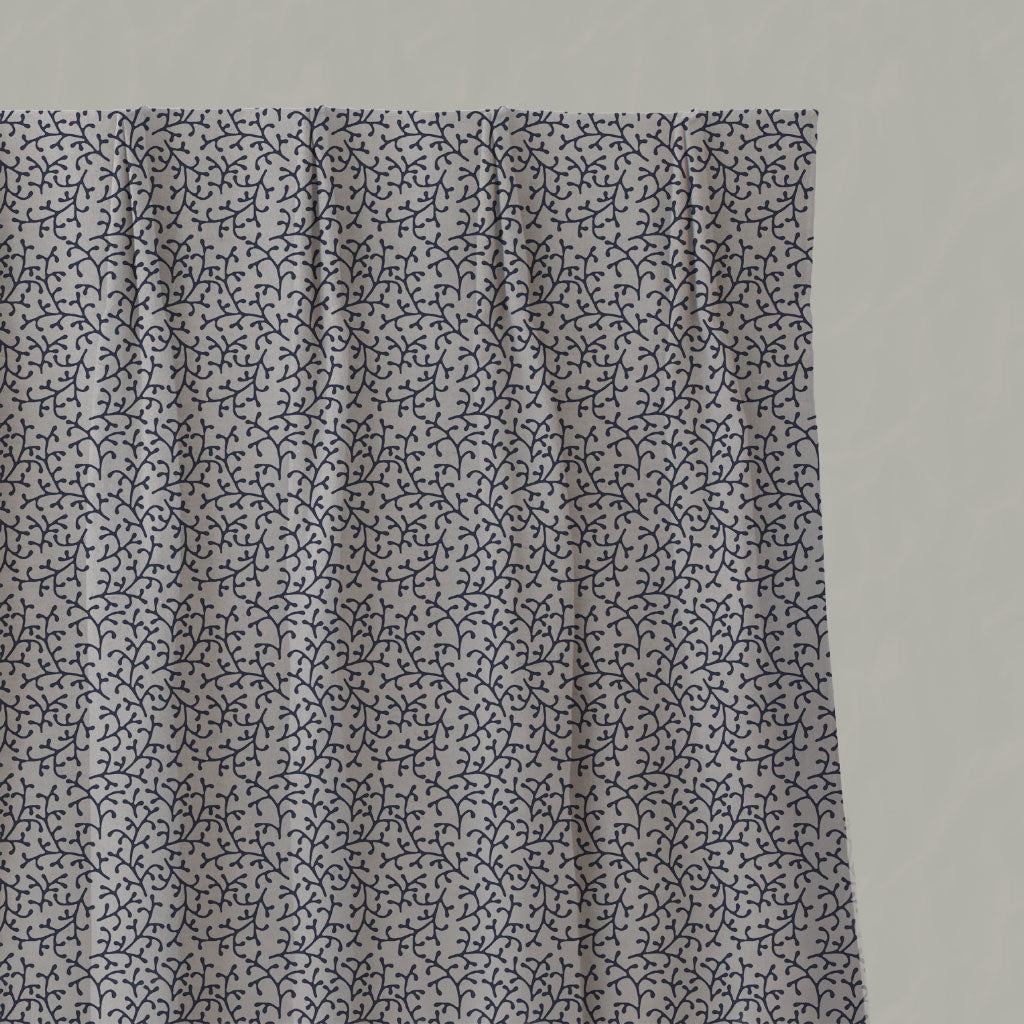 Blue Botanical Linen Pleated Curtains - Phila Deep Blue - Natural base fabric.