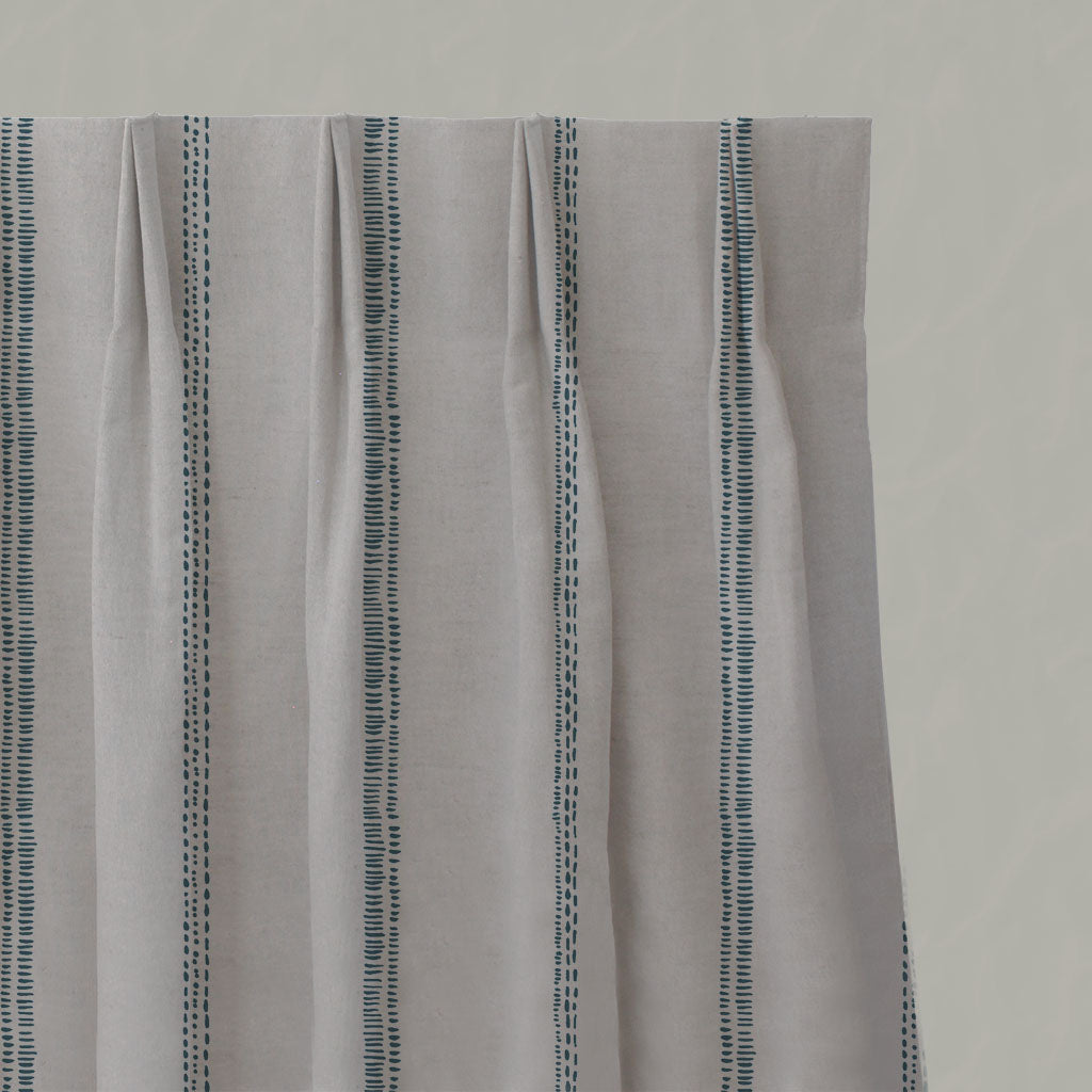 Blue Striped Linen Pleated Curtains - Rae Blue Stone - Natural base fabric.