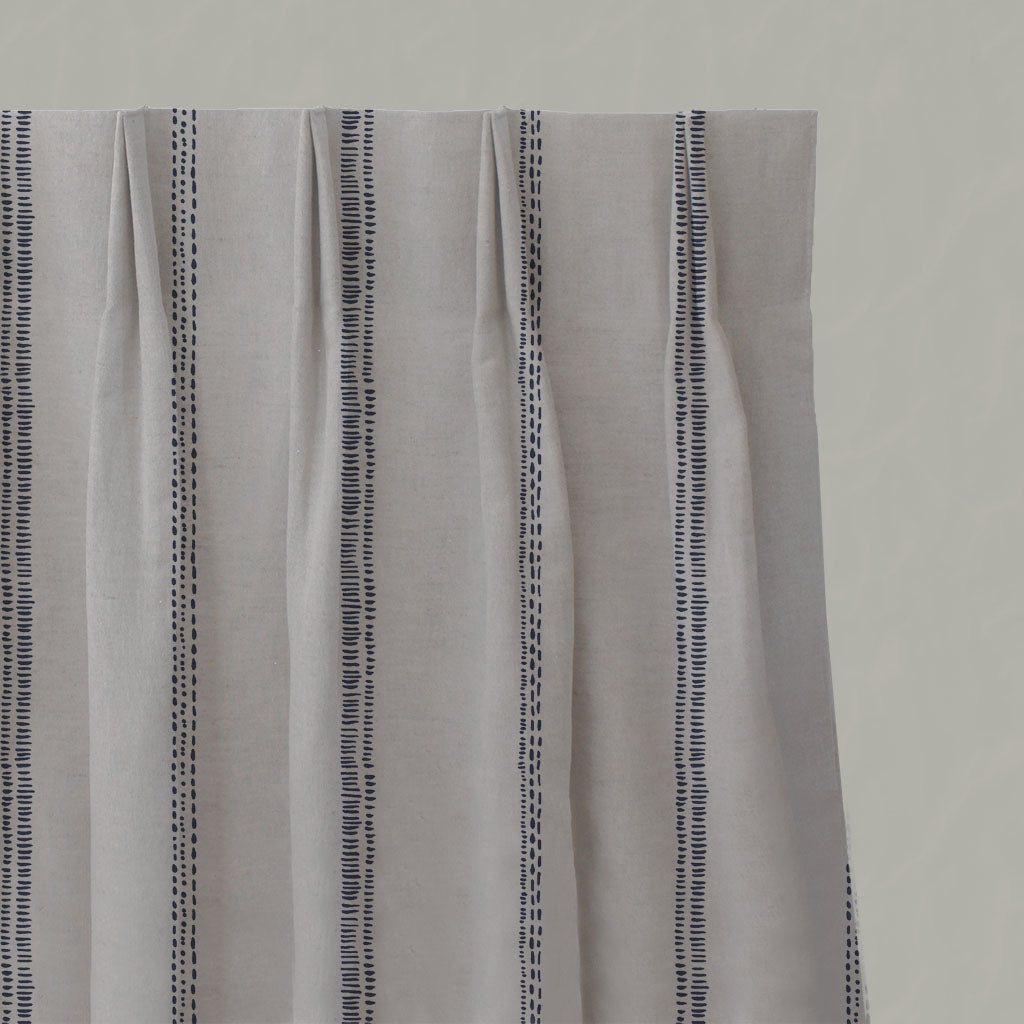 Blue Striped Linen Pleated Curtains - Rae Deep Blue - Natural base fabric.