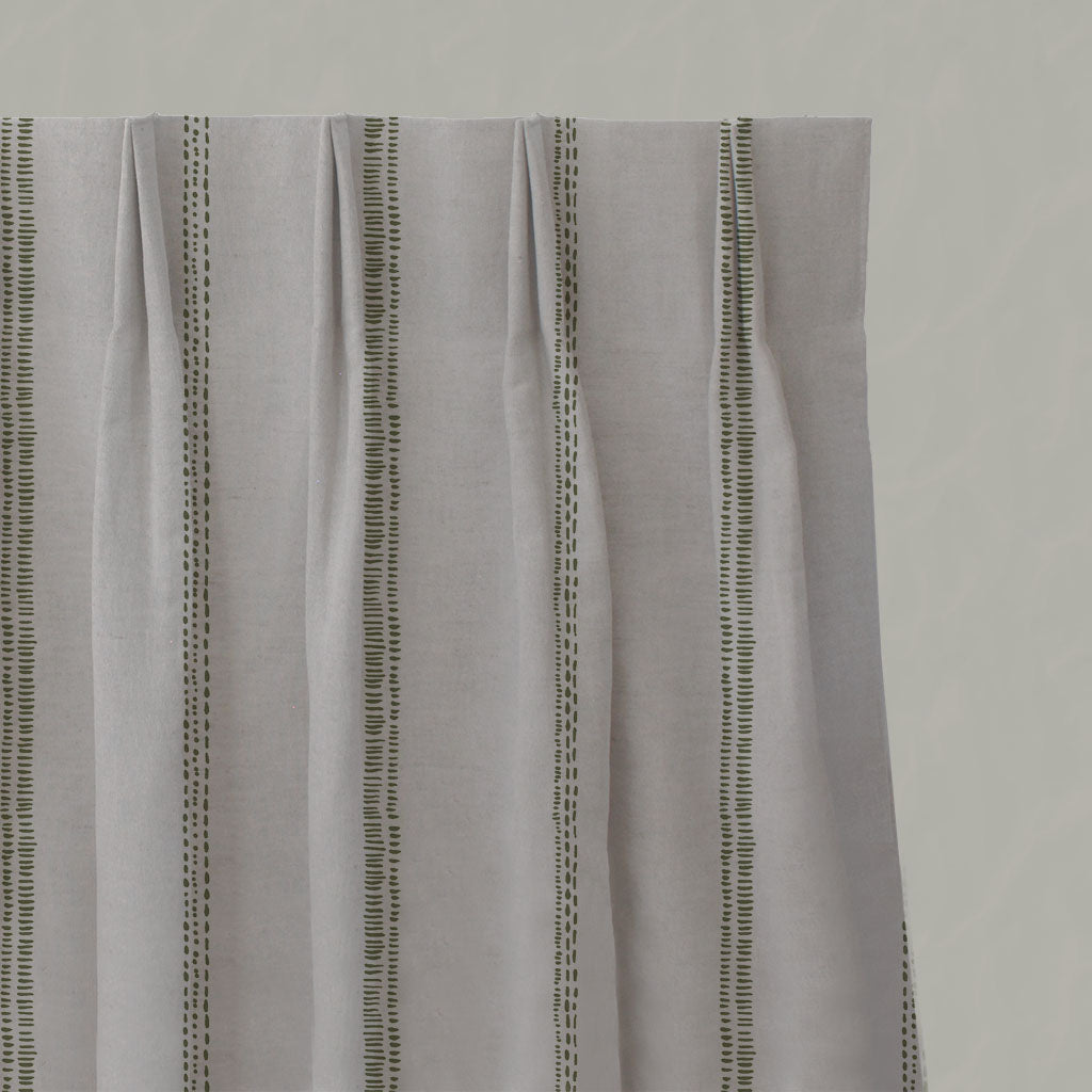 Green Striped Linen Pleated Curtains - Rae Khaki - Natural base fabric.