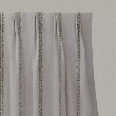 Green Striped Linen Pleated Curtains - Rae Moss - Natural base fabric.