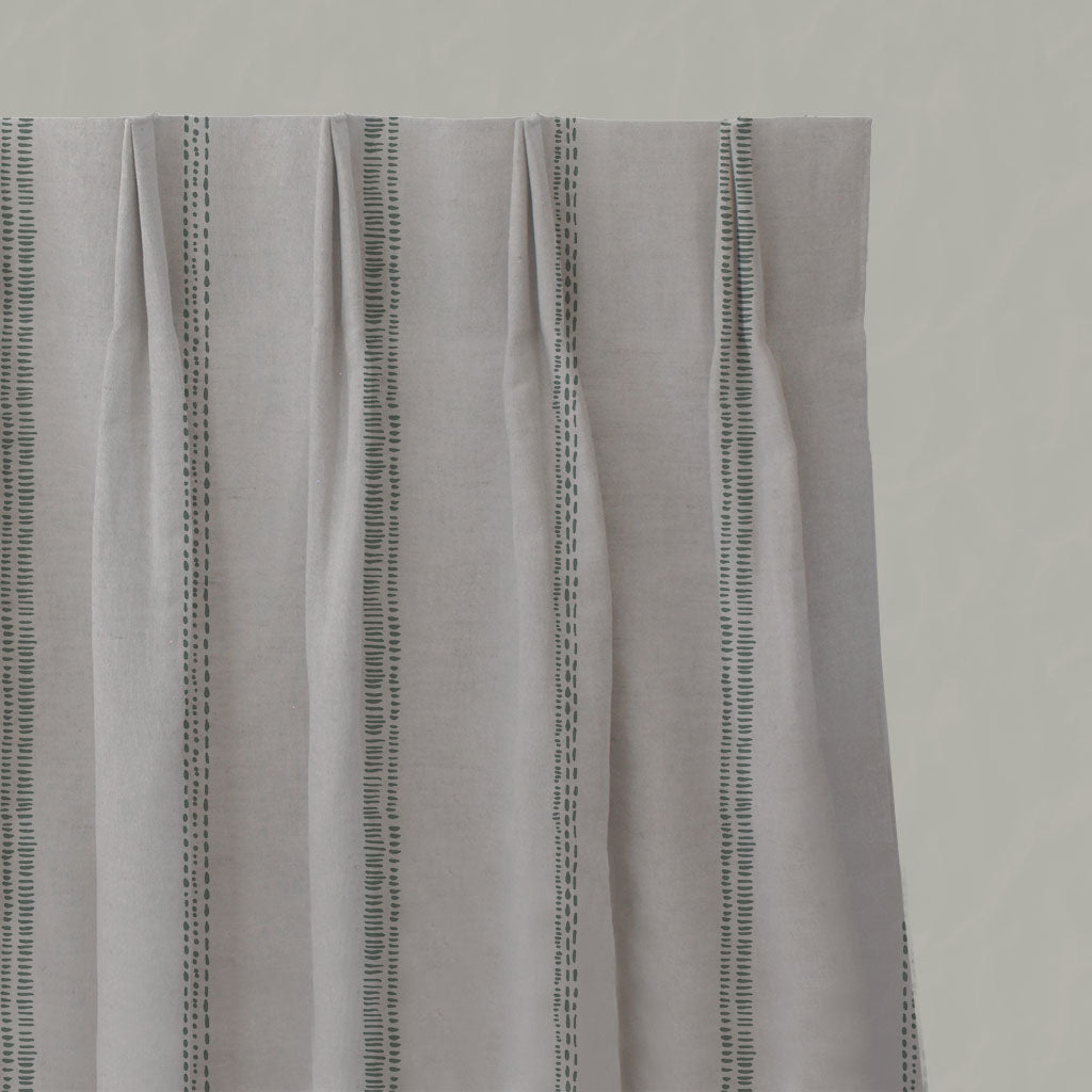 Green Striped Linen Pleated Curtains - Rae Sage - Natural base fabric.