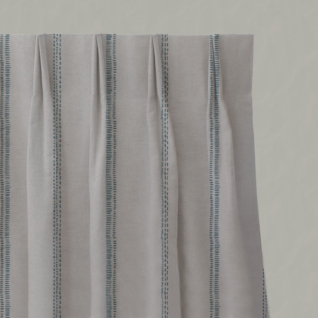 Blue Striped Linen Pleated Curtains - Rae True Blue - Natural base fabric.
