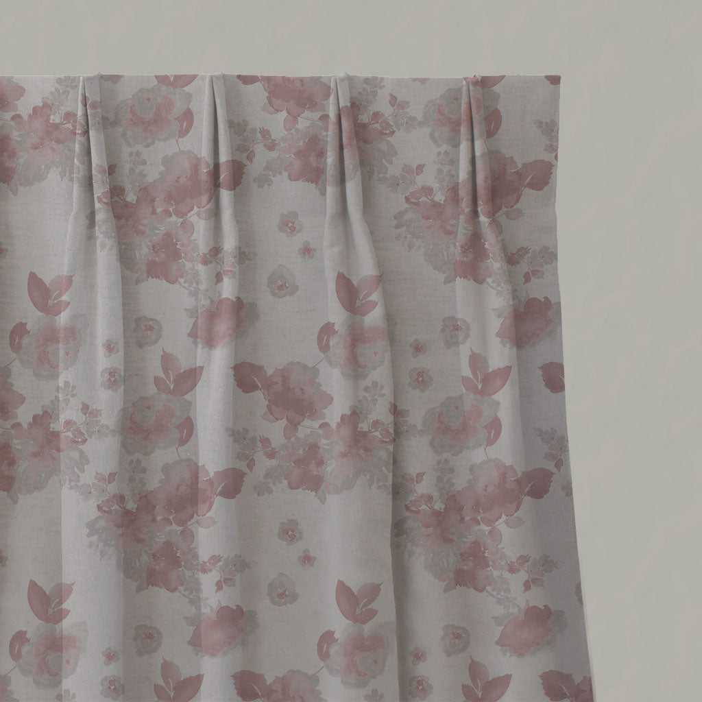 Pink Floral Linen Pleated Curtains - Rose Dusty Pink - Natural base fabric.