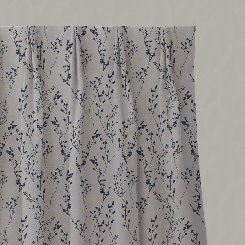 Blue Botanical Linen Pleated Curtains - Saeeda Deep Blue - Natural base fabric.