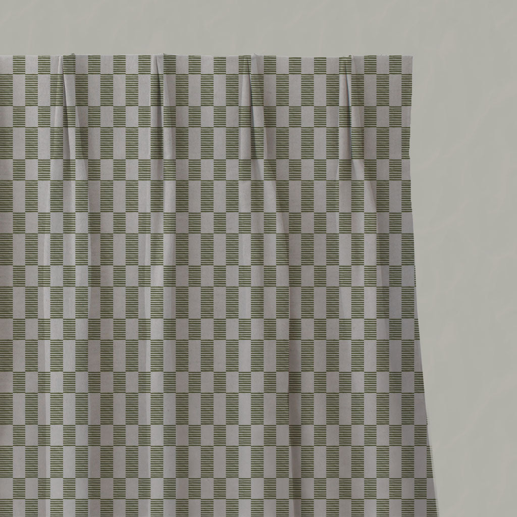 Green Checked Linen Pleated Curtains - Sunni Khaki - Natural base fabric.