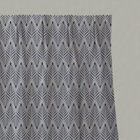 Blue Patterned Linen Pleated Curtains - Sylvia Night Blue - Natural base fabric.