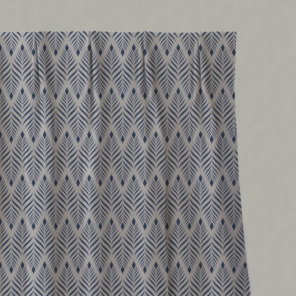 Blue Patterned Linen Pleated Curtains - Sylvia Night Blue - Natural base fabric.