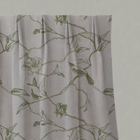 Botanical pleated curtains with birds. Khaki Green pattern.