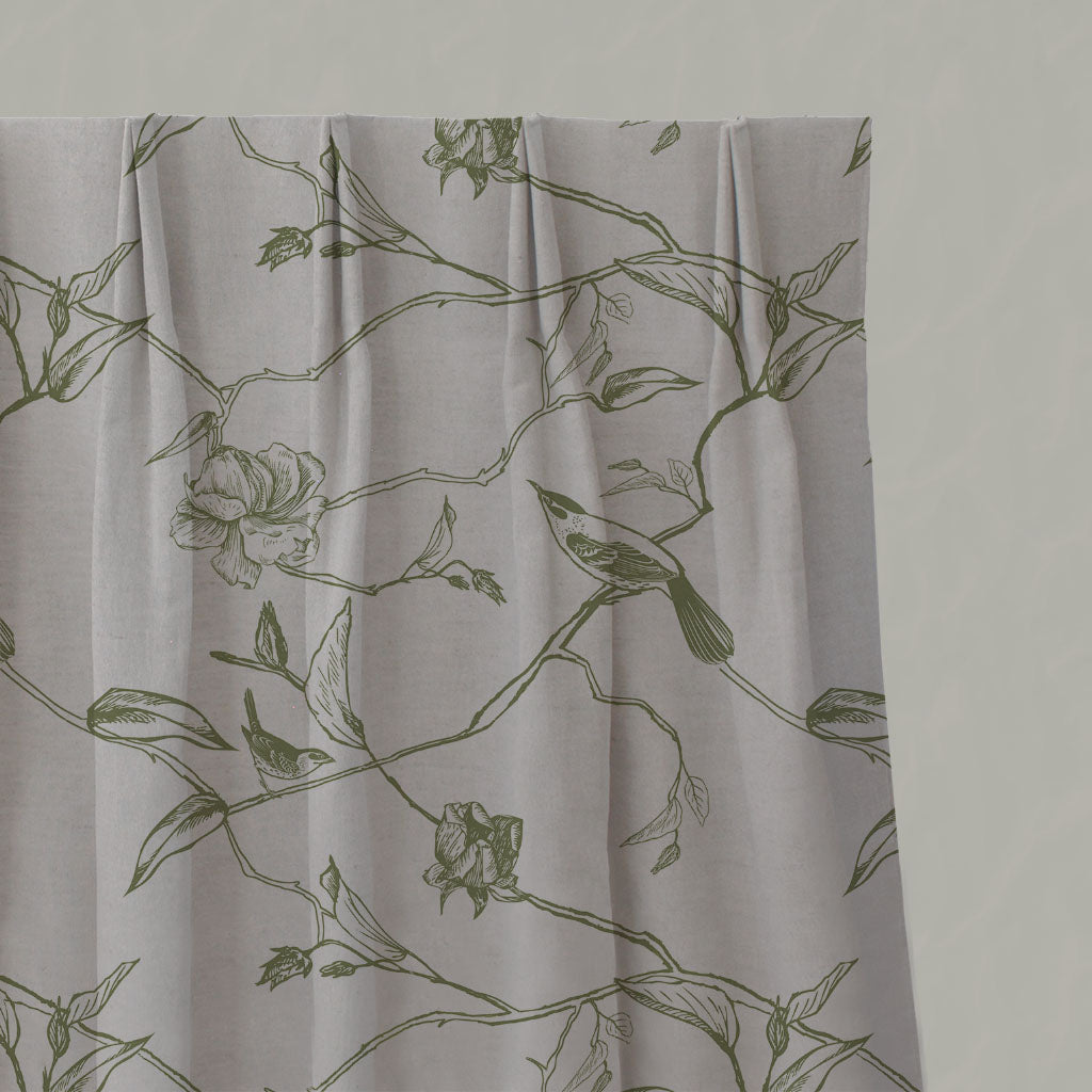 Botanical pleated curtains with birds. Khaki Green pattern.
