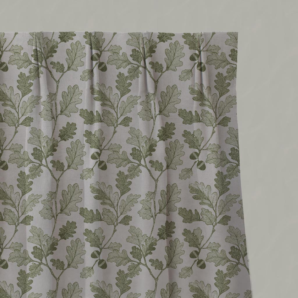 Green Botanical Linen Pleated Curtain - Olini Khaki - Natural base fabric.