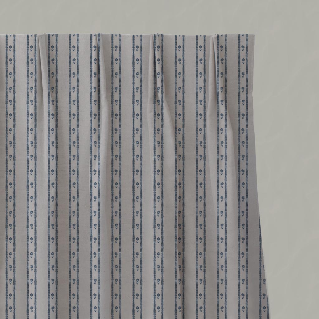 Blue Floral Stripe Linen Pleated Curtain - Silvian Denim - Natural base fabric.