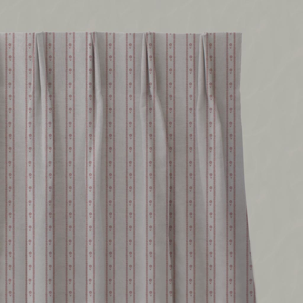 Pink Floral Stripe Linen Pleated Curtain - Silvian Dusty Pink - Natural base fabric.