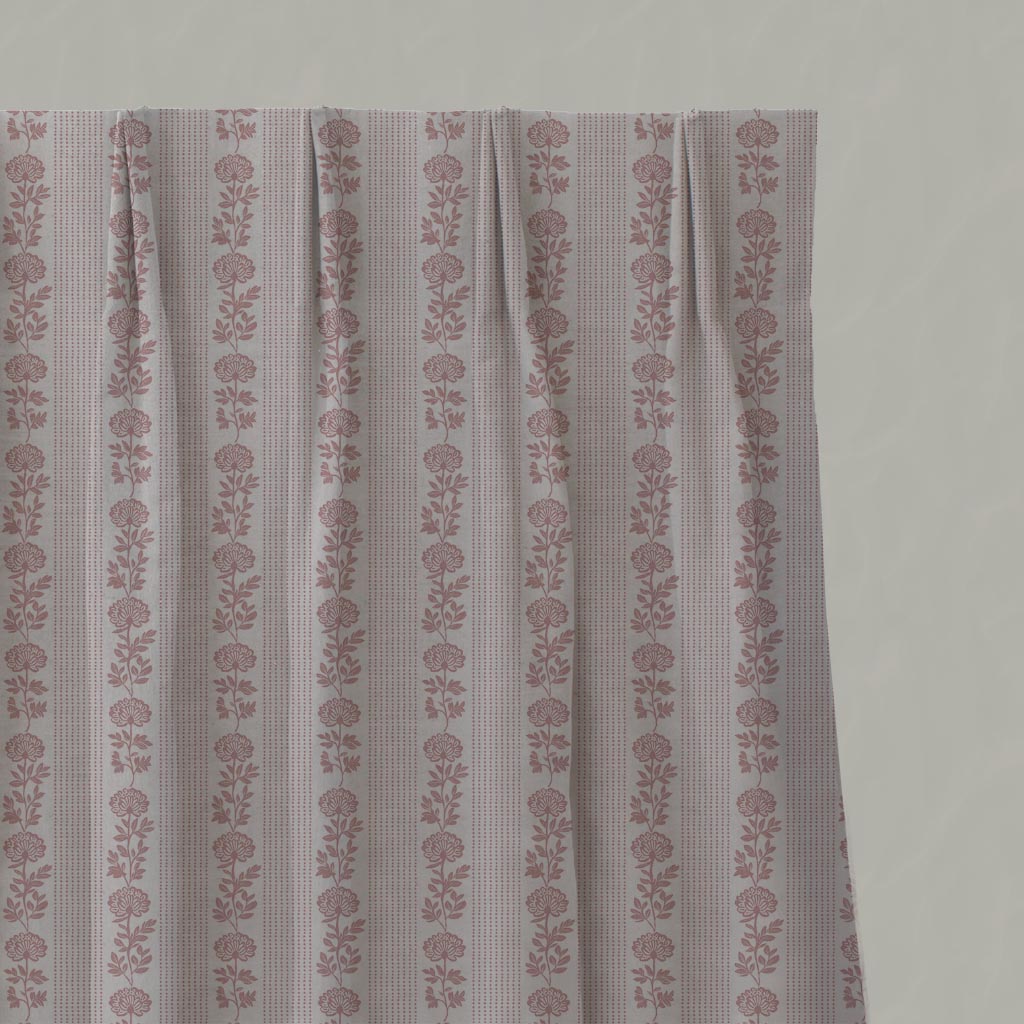 Pink Floral Stripe Linen Pleated Curtain - Skye Dusty Pink - Natural base fabric.