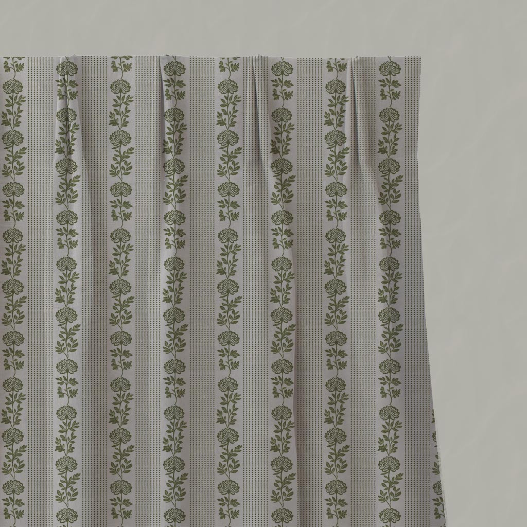 Green Floral Stripe Linen Pleated Curtain - Skye Khaki - Natural base fabric.