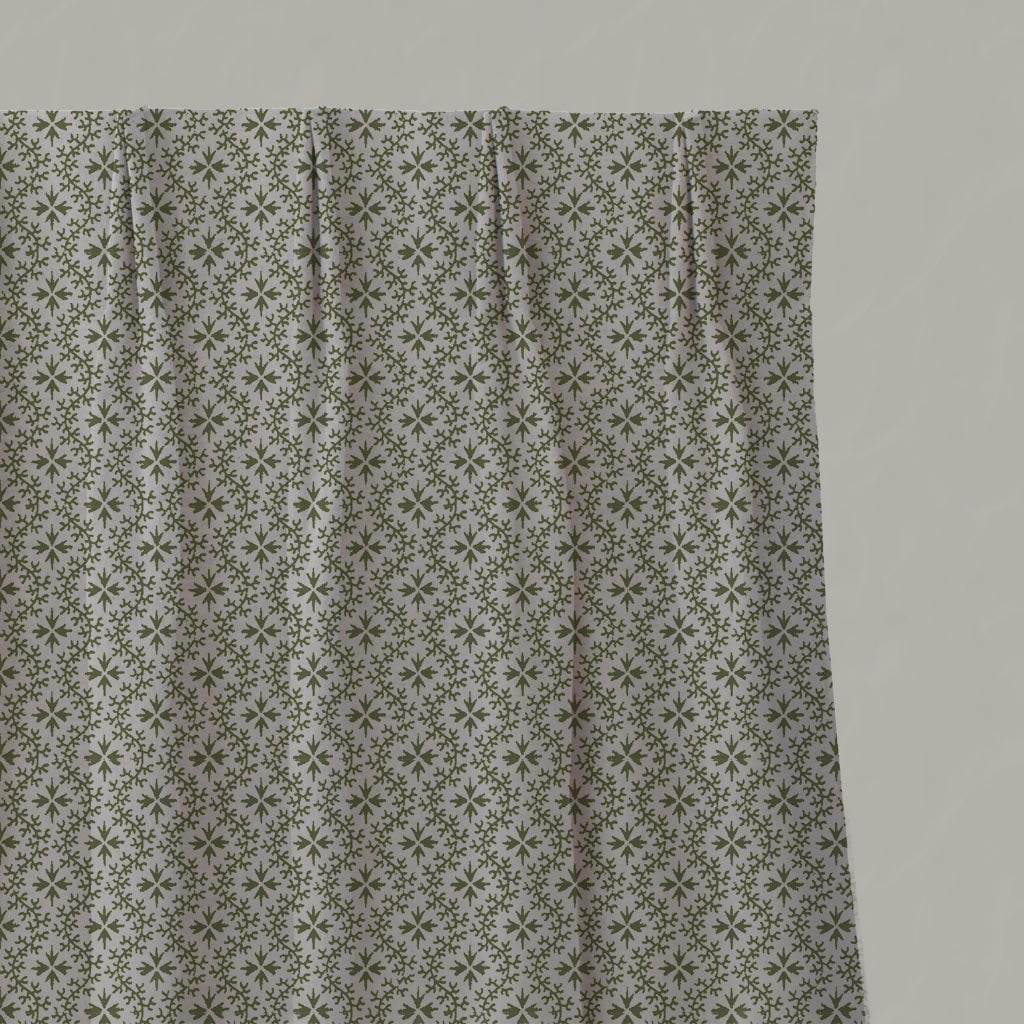 Green Abstract Linen Pleated Curtain - Unica Khaki - Natural base fabric.