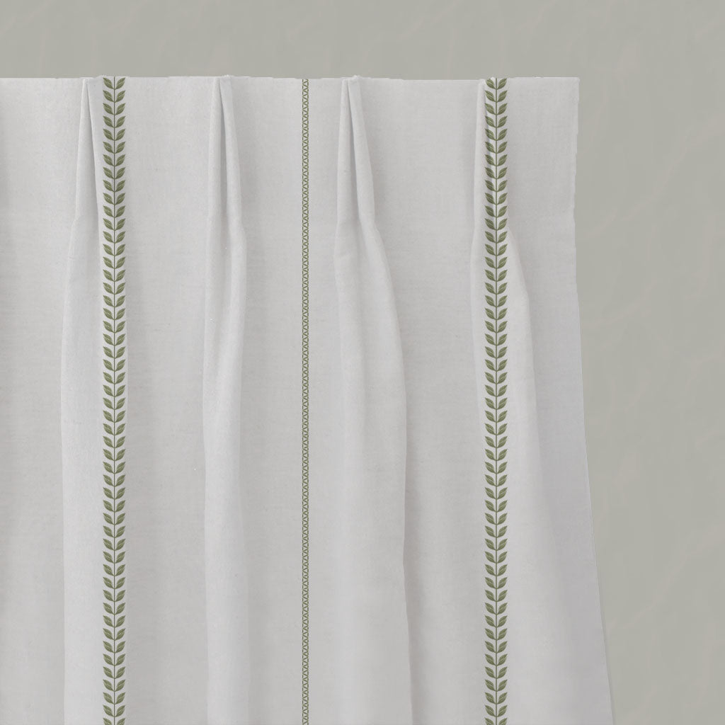 Green Striped Linen Pleated Curtains - Berit Moss - White base fabric.