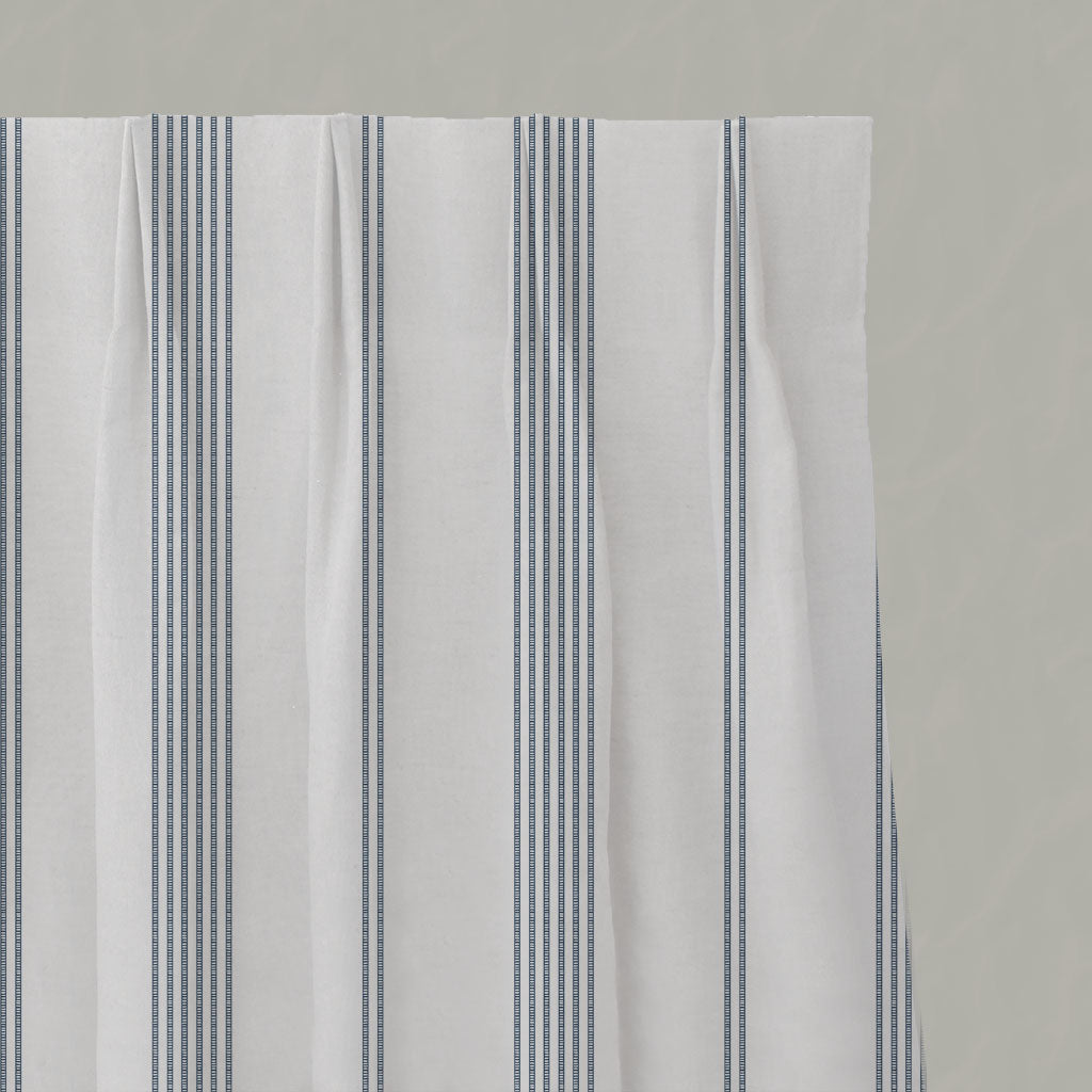 Blue Striped Linen Pleated Curtains - Brea Ink-WHT - White base fabric.