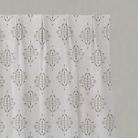 Green Patterned Linen Pleated Curtains - Britt Moss - White base fabric.