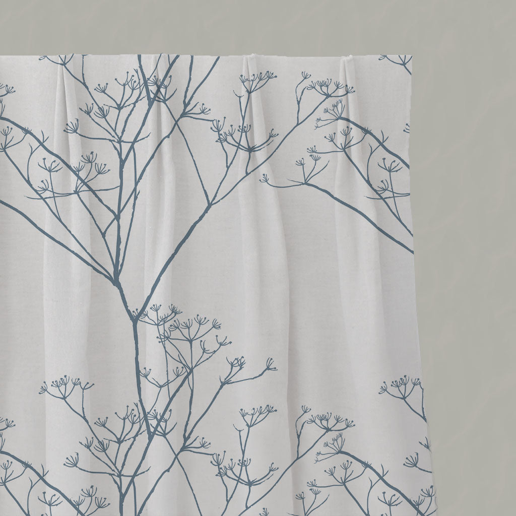 Blue Floral Linen Pleated Curtains - Cicely Agate Blue - White base fabric.